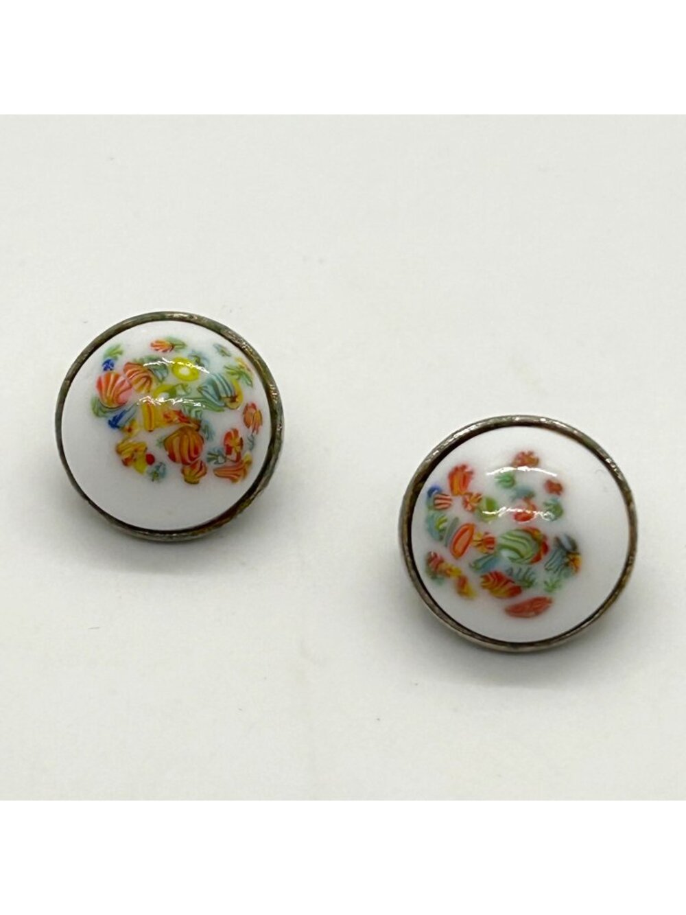 Vintage Hand Painted Porcelain Clip-On Earrings Floral Motif 3/4" Silver-tone
